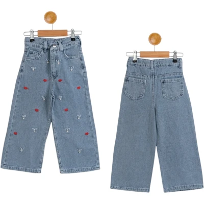 Belted Embroidered Rhinestone Girl Denim Trousers