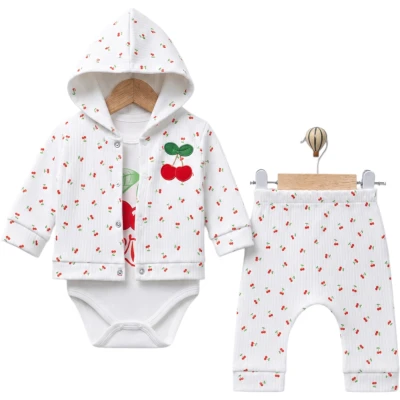 Cherry Print Hooded 3-Piece Bodysuit Set