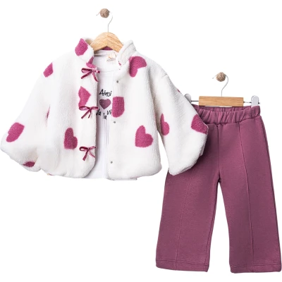 Winter Sherpa Fleece Fabric Heart-Print With Jacket Set