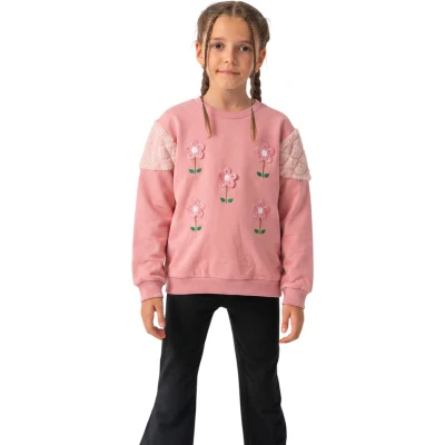 Kol Peluş Beden Nakış Papatya Sweatshirt