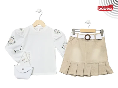Denim Pleated Skirt Set