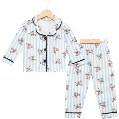Mavi Çizgili Ayıcıklı Yakalı Pijama Takımı