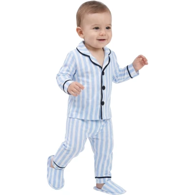 Mavi Çizgili Terlikli 3'lü Pijama Takımı 12 Ay - 3 Yaş