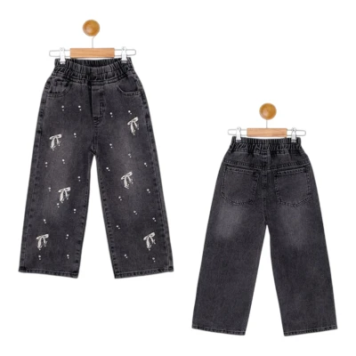 Embroidered stone-embellished girls' denim trousers