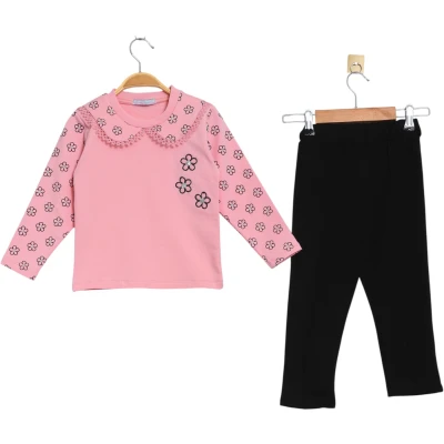 Daisy Embroidered Sleeves Printed Peter Pan Collar Kids Set