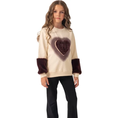 Peluş Kalp Baskılı Sweatshirt