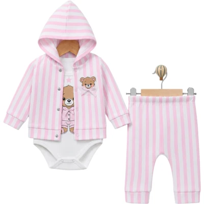 Pink Striped Hooded 3-Piece Bodysuit Set