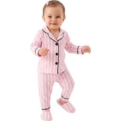 Pembe Çizgili Terlikli 3'lü Pijama Takımı 12 Ay - 3 Yaş