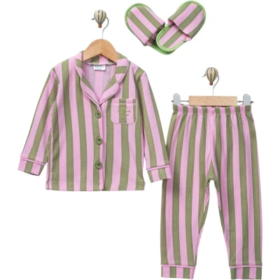 Pink-Green Striped Collared Pajama Set with Slippers
