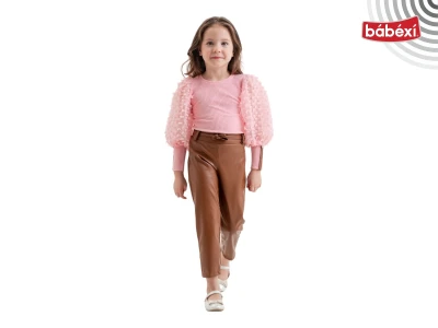 Ribbed Balloon Sleeve Leather Trousers Set