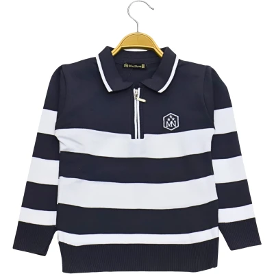 Polo Yaka Fermuarlı Çizgili Sweat