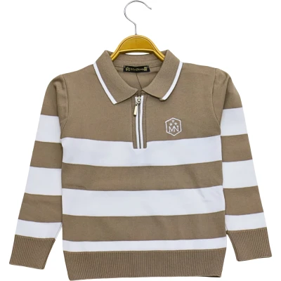 Polo Yaka Fermuarlı Çizgili Sweat