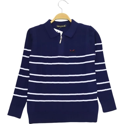 Polo Yaka Fermuarlı Çizgili Sweat