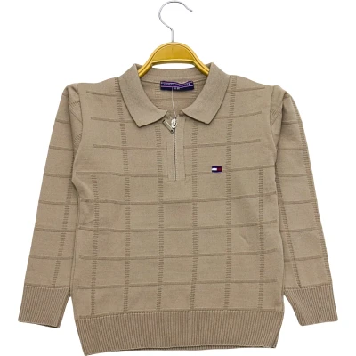 Polo Yaka Fermuarlı Kare Örgülü Sweat