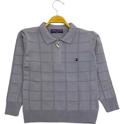 Polo Yaka Fermuarlı Kare Örgülü Sweat