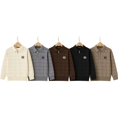 Polo Yaka Fermuarlı Kareli Örgü Sweat