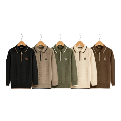 Polo Yaka Fermuarlı Örgülü Sweat