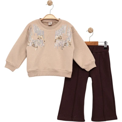 Sequin Embroidered Three-Thread Girls' Set
