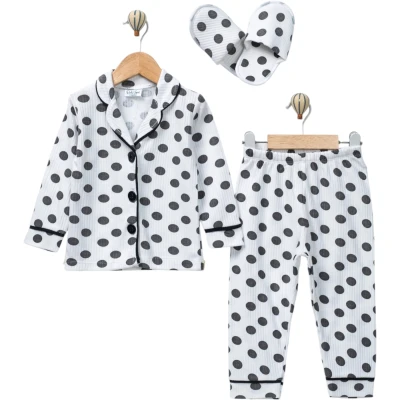 Black Polka Dot Collared Pajama Set with Slippers