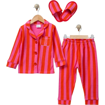 Turuncu Pembe Çizgili Terlikli Yakalı Pijama Takım 12 Ay - 3 Yaş