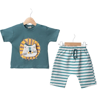 Summer Cat Puff-print Striped With Shorts Set