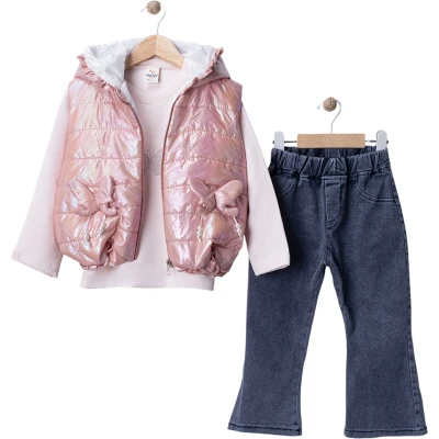Yıkamalı Gabardin Pantalon Ve Kelebek Nakışlı Mikro Yelekli Takım